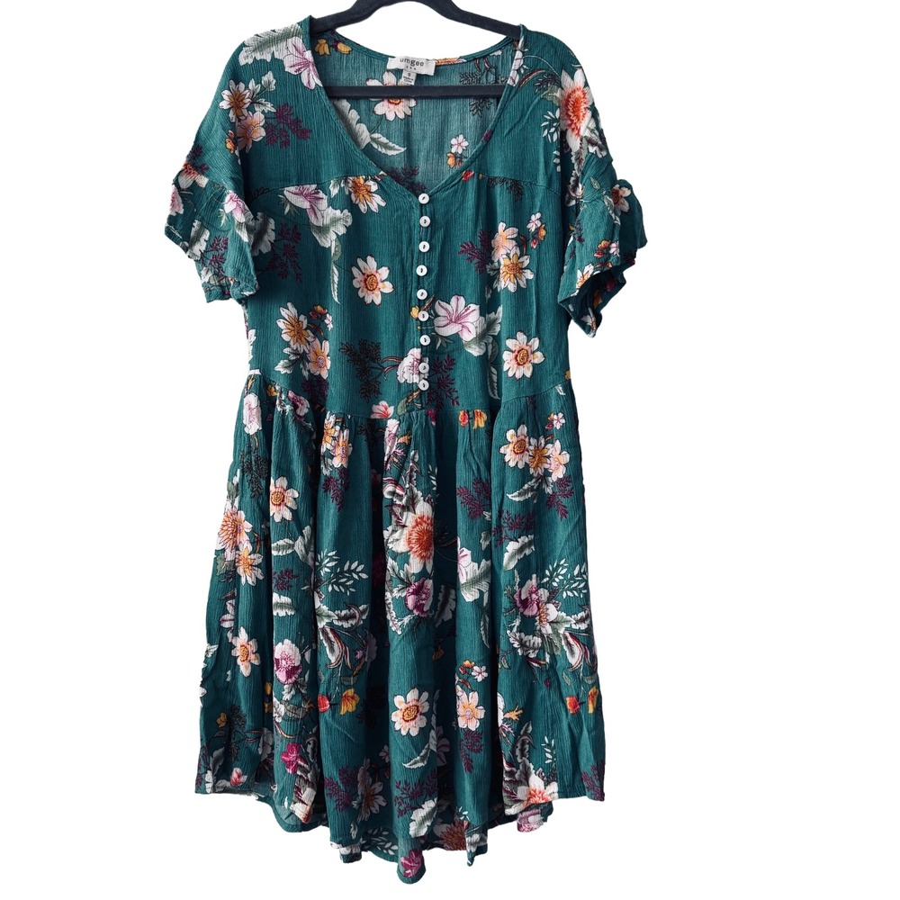 Umgee Teal Floral Tiered Babydoll Dress S Boho Cottagecore Ruffle Sleeve Rayon